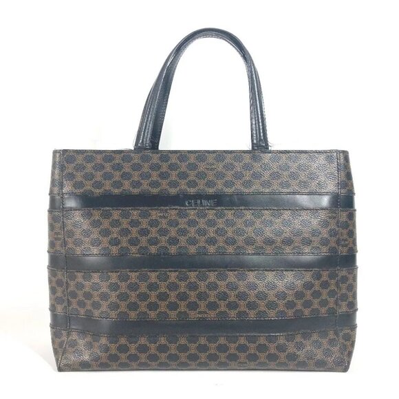 CELINE vintage Macadam Hand Bag Shoulder Bag Tote Bag Leather Black/Brown - Picture 2 of 14
